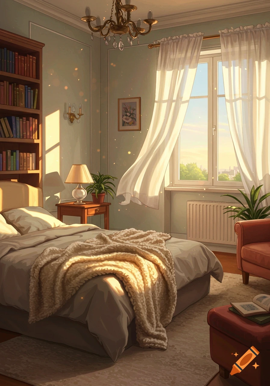 A cozy, sunlit anime-style bedroom with a bookshelf, bed with a blanket, and a window with flowing white curtains.
