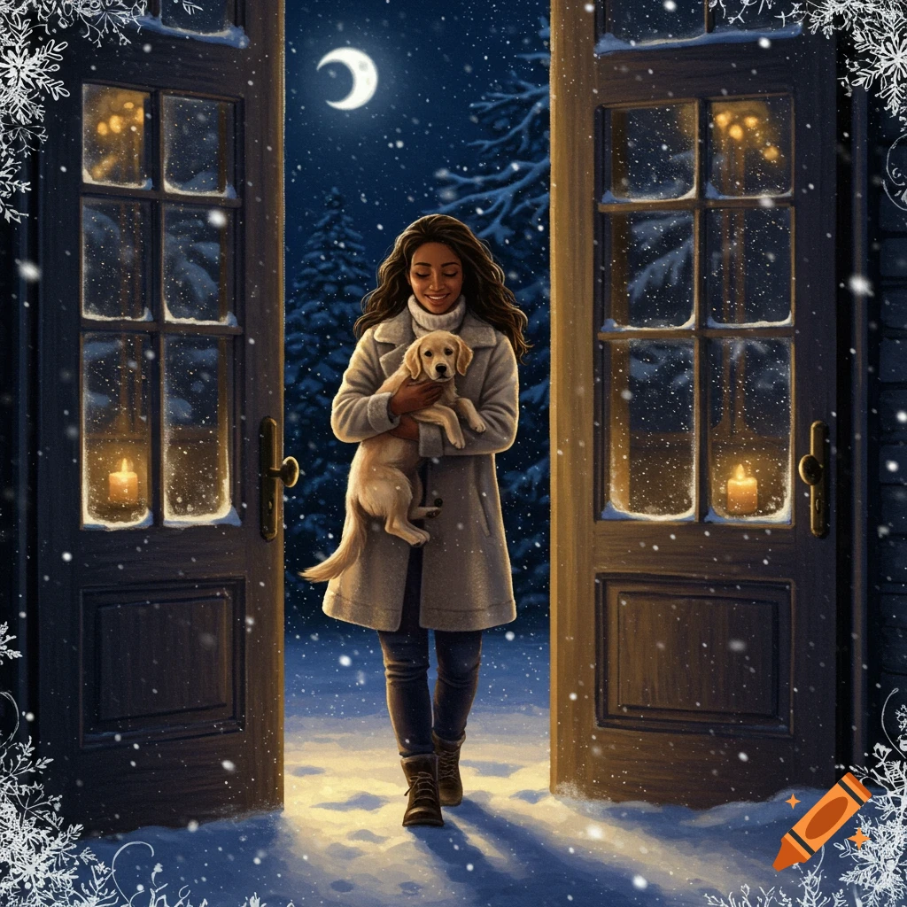 A woman with dark hair holding a golden retriever puppy stands in an open doorway, looking out at a snowy night scene with a crescent moon and warm lights inside.