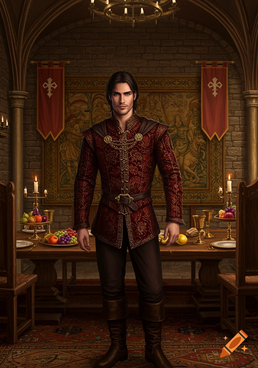 A handsome man in an elaborate red and gold medieval noble's tunic stands in a richly decorated stone hall.