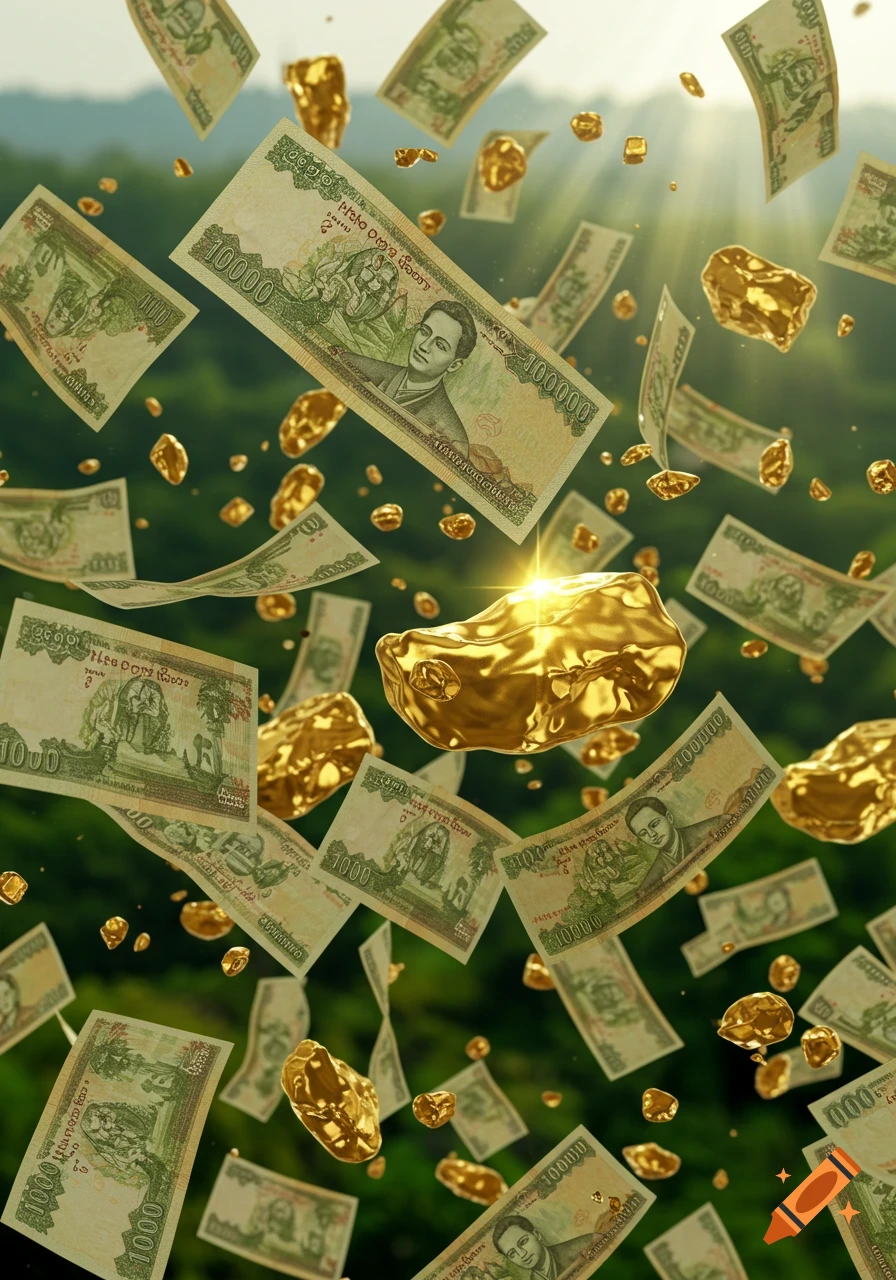 Myanmar kyat banknotes and gold nuggets falling through the air against a green, blurry natural background with sunlight.