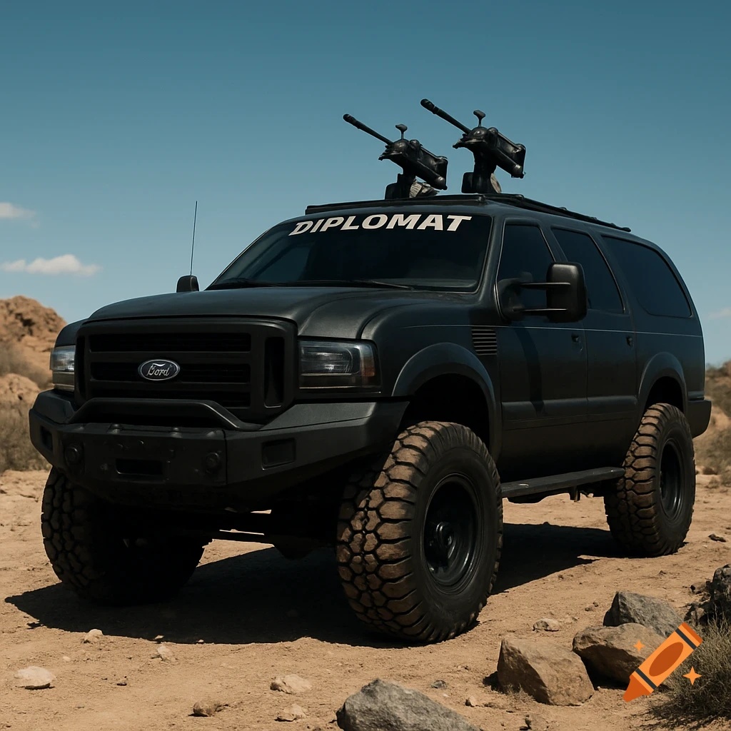 A photorealistic image of a lifted, black Ford Excursion with machine guns on its roof and 'DIPLOMAT' on its windshield, parked in a desert off-road setting.