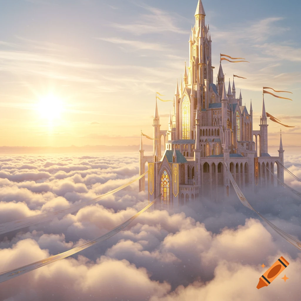 A grand, white and gold castle floats majestically above a sea of clouds, bathed in golden light during sunrise or sunset.