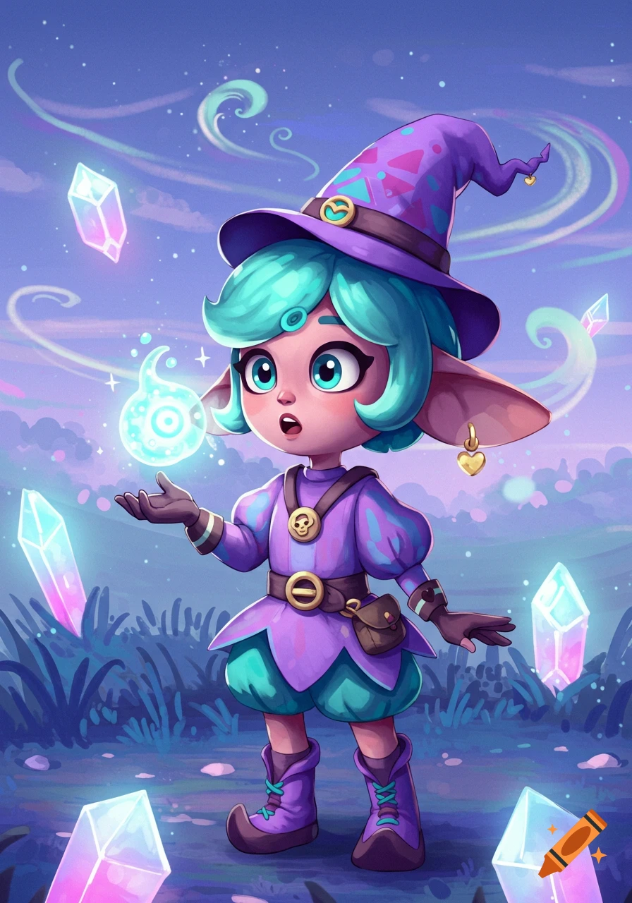 An animated fantasy elf-witch with mint green hair and a purple hat, holding a glowing magical orb amidst floating crystals.
