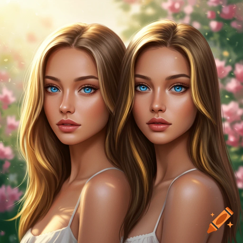 Two beautiful women with blue eyes and blonde hair in white tops, standing in a sunlit garden with pink flowers. Photorealistic.