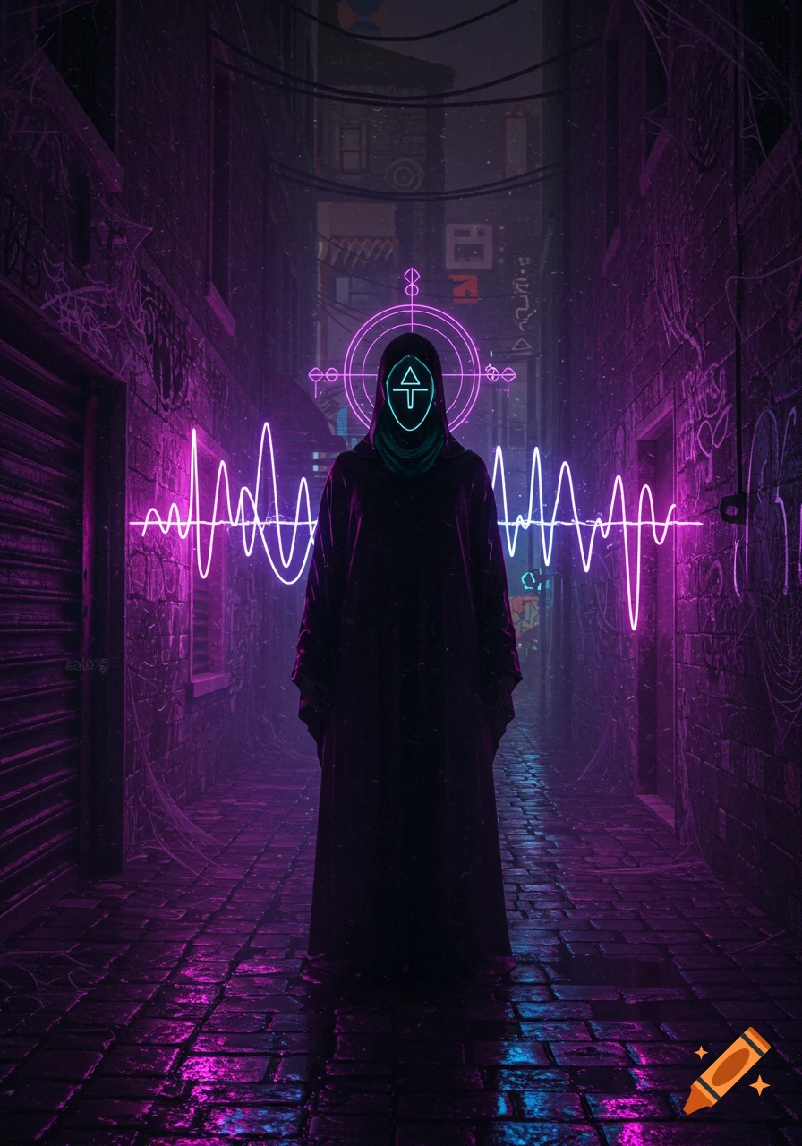 A cloaked figure with a glowing geometric mask stands in a neon-lit, wet cyberpunk alley with purple and blue reflections.