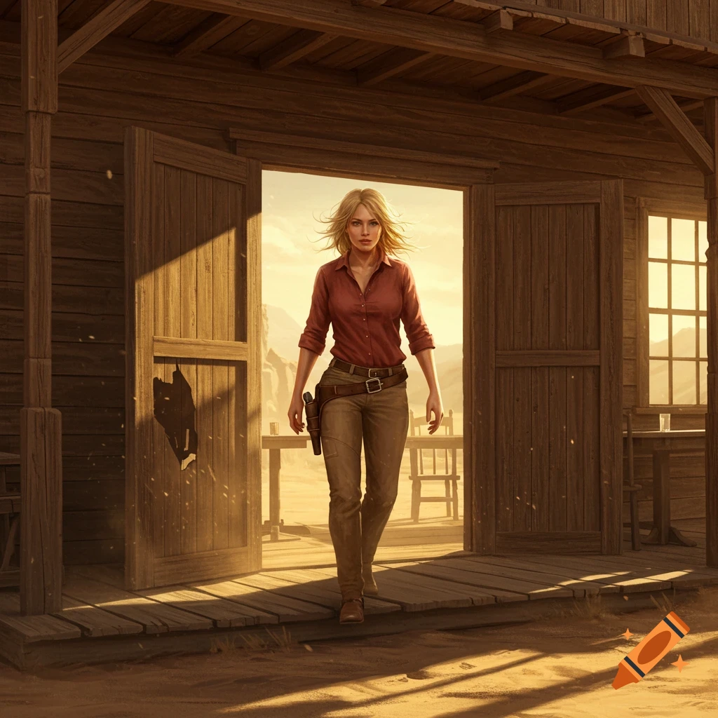 A blonde woman in a red shirt and khaki pants exits a rustic wooden saloon in a dusty western landscape.