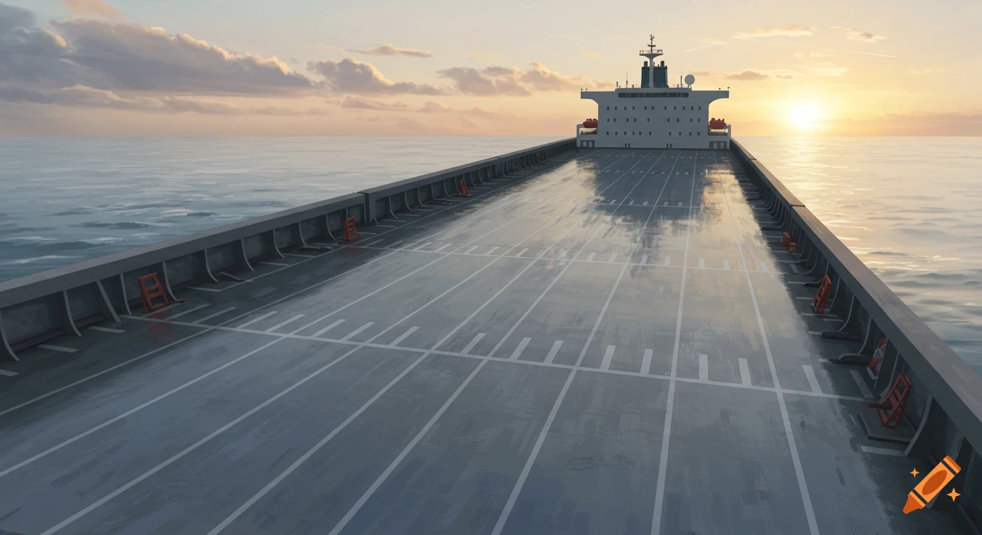 A long, empty cargo ship deck stretches towards the stern, with the ship's superstructure silhouetted against a vibrant sunset over the ocean.