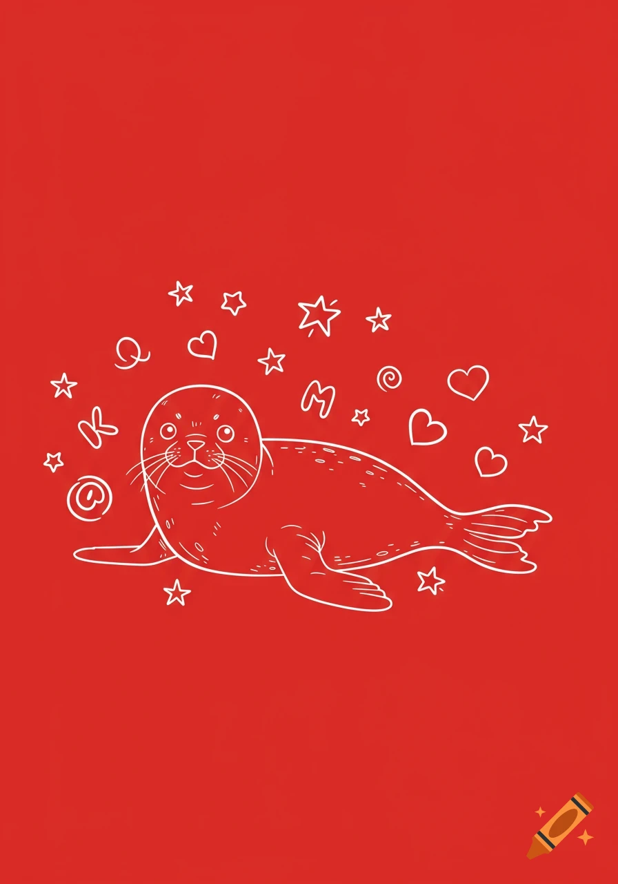 A cute white line drawing of a seal on a red background, surrounded by white hearts, stars, and abstract shapes.