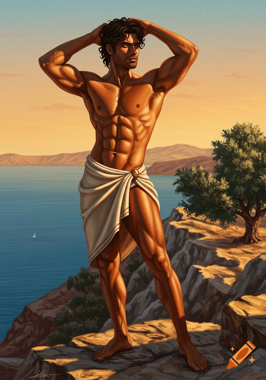 A muscular man in a white toga stands on a cliff overlooking the sea at sunset, in an artistic style.