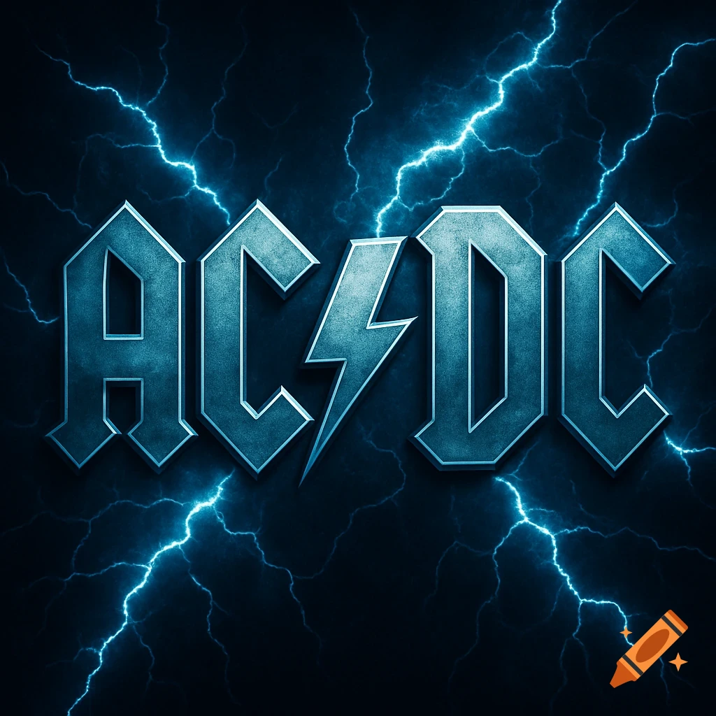 The AC/DC band logo in metallic blue letters with a lightning bolt, set against a dark background with blue lightning.
