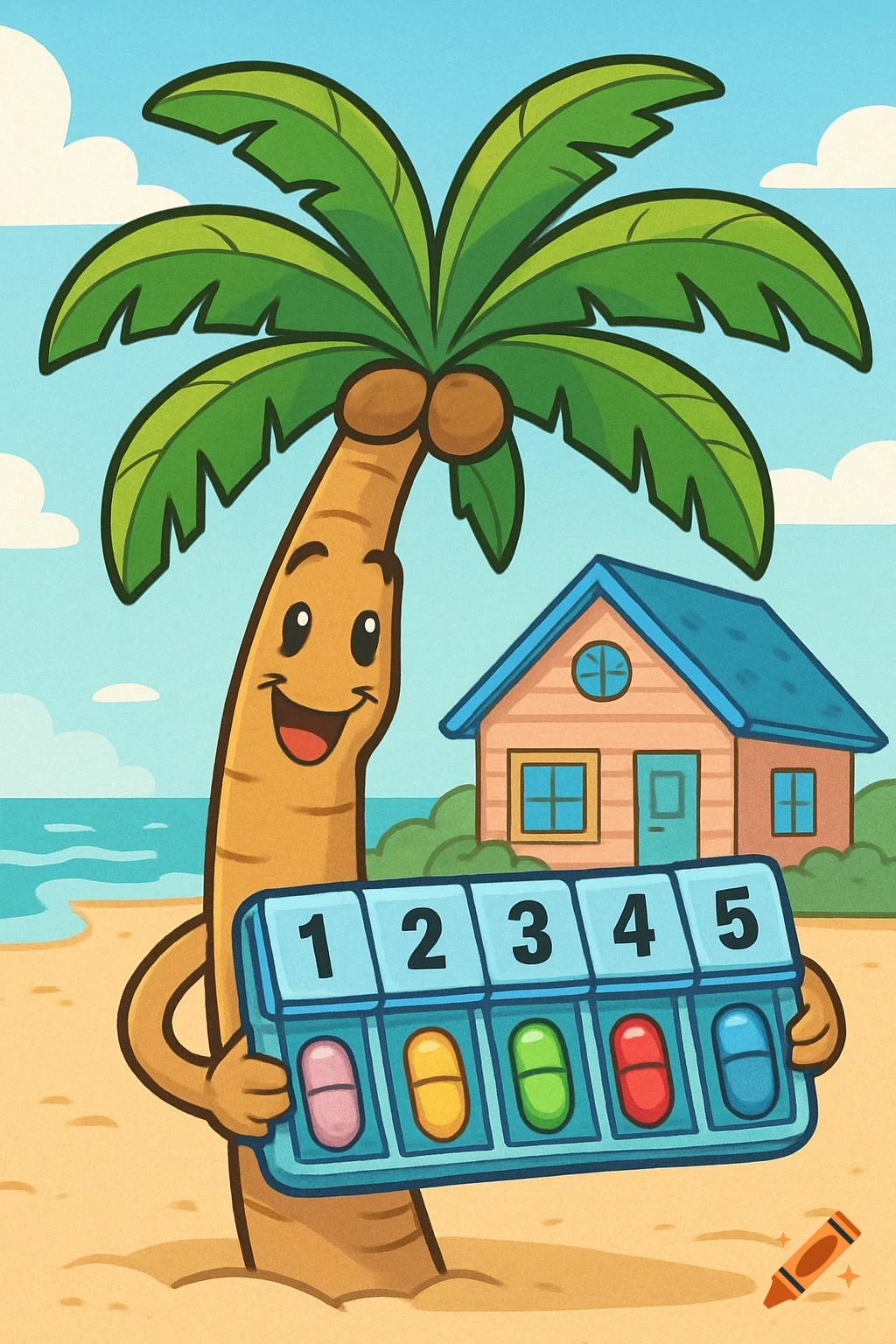 Smiling cartoon palm tree on a beach holding a pill organizer with numbers 1-5, a small house in the background.