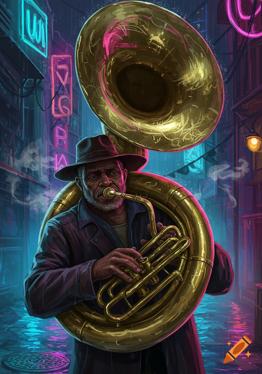 An older man plays a gold sousaphone in a dark, rainy alley illuminated by colorful neon signs.