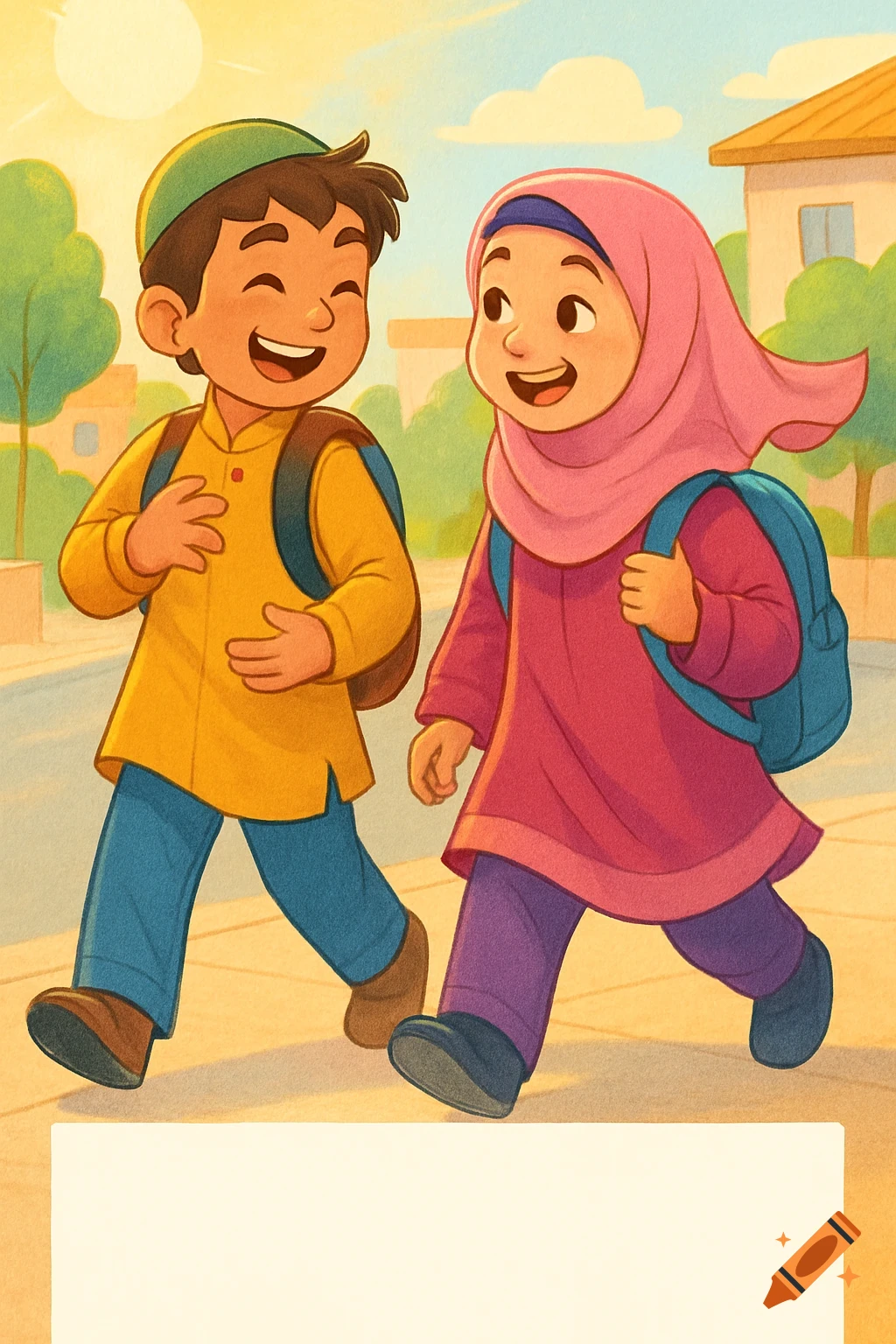 Two smiling cartoon children, a boy in a green kufi and a girl in a pink hijab, walk cheerfully with backpacks under a sunny sky.
