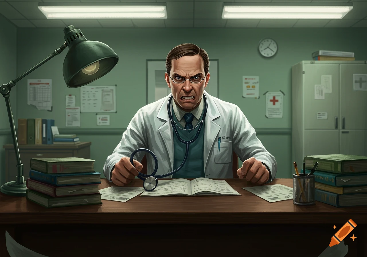 An angry doctor in a white lab coat and stethoscope sits at a desk in a medical office, glaring forward.