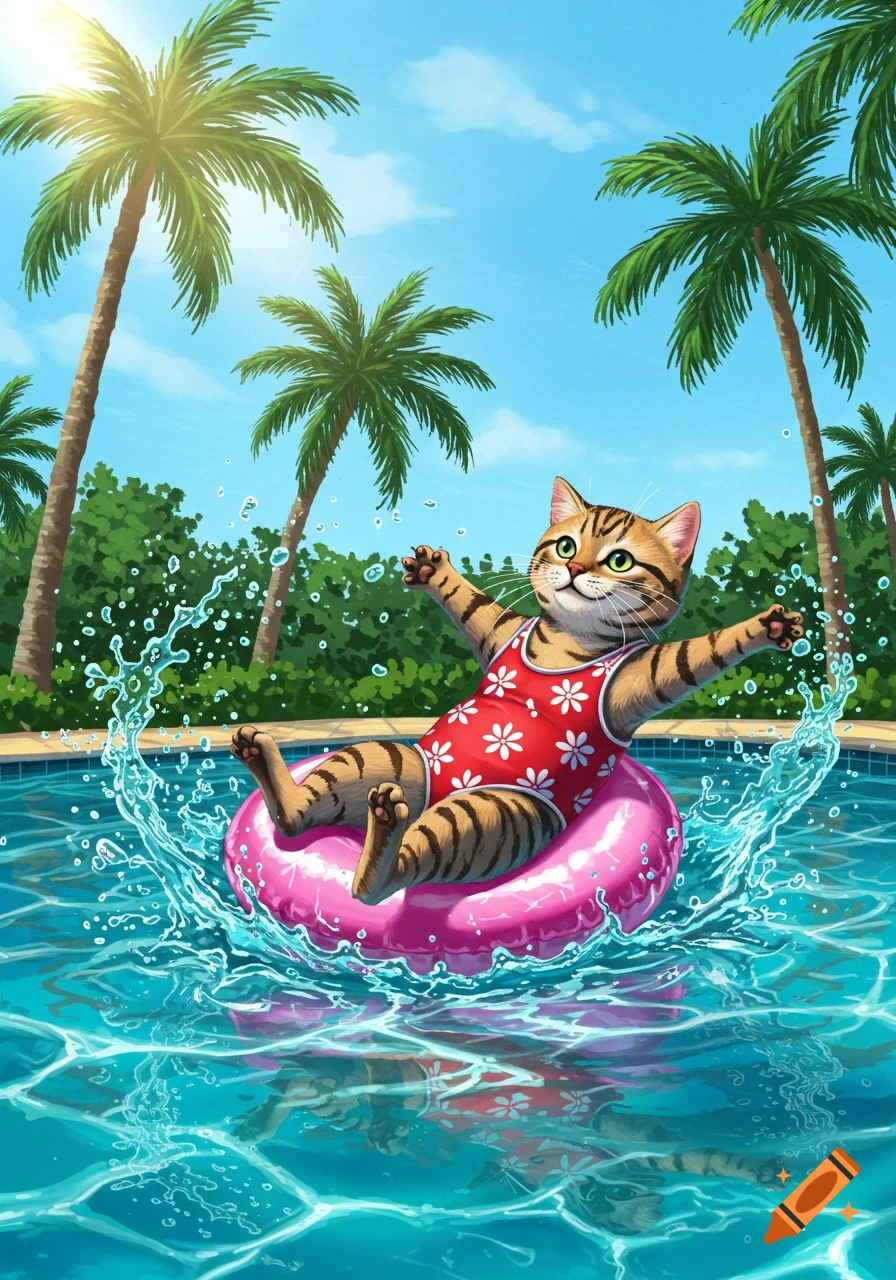 A cartoon striped cat wearing a red swimsuit floats on a pink inner tube in a blue swimming pool under palm trees.