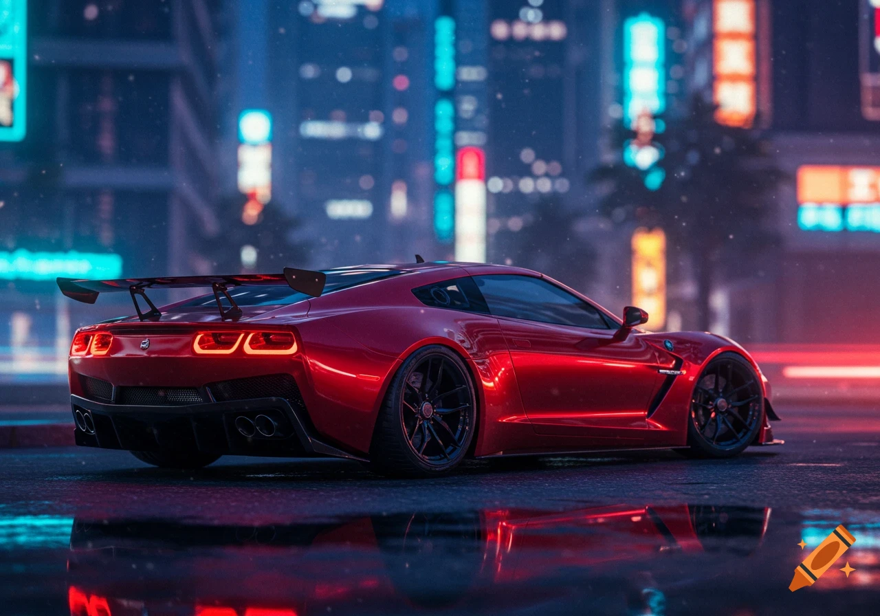 A sleek red sports car parked on a wet street at night, with neon city lights reflected in the puddles.