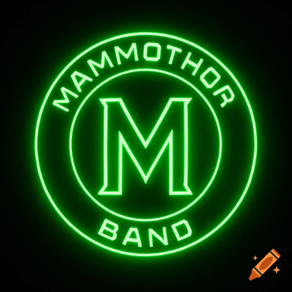 A glowing green neon sign features the word 'MAMMOTHOR' arched above a large 'M' and 'BAND' below, all encircled.