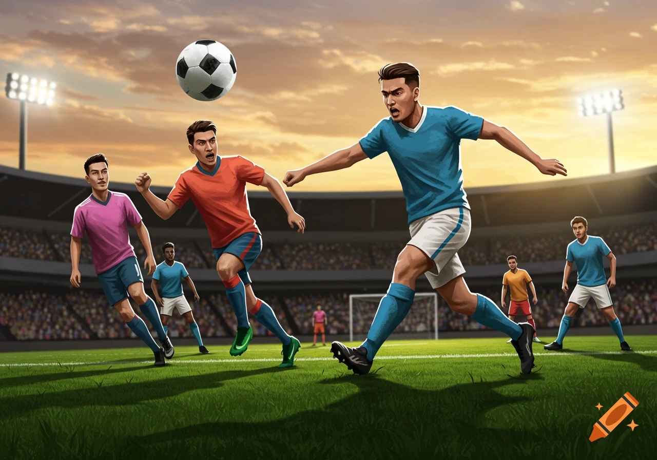 Illustrative soccer players on a green field in a stadium at sunset, with one player kicking a ball.