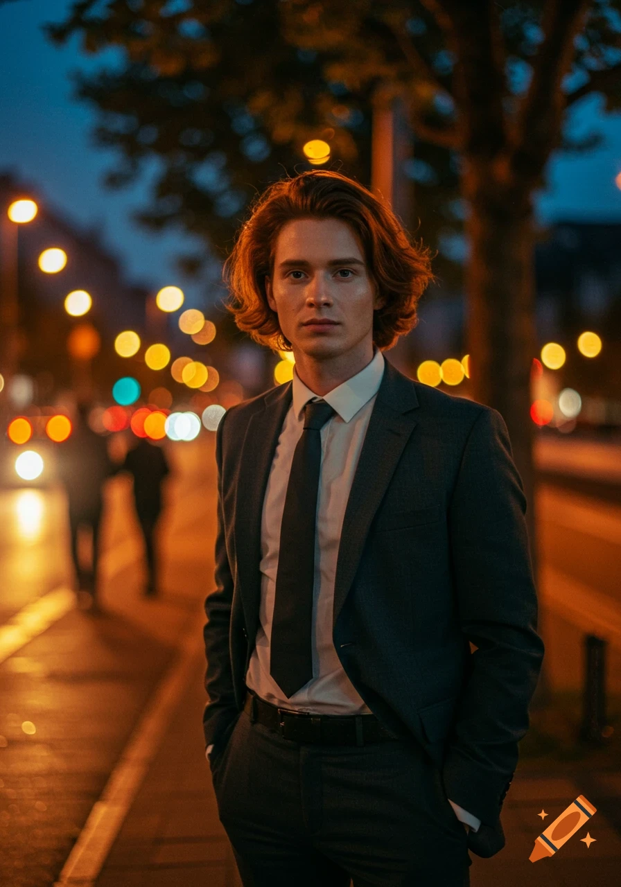 A man with long, wavy brown hair in a dark suit and tie stands on a city street at night, with blurred streetlights in the background.