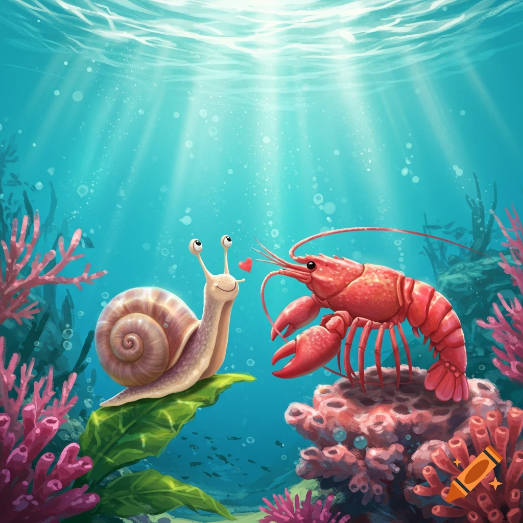 A cute cartoon snail on a leaf and a lobster on coral look at each other underwater with a heart between them.