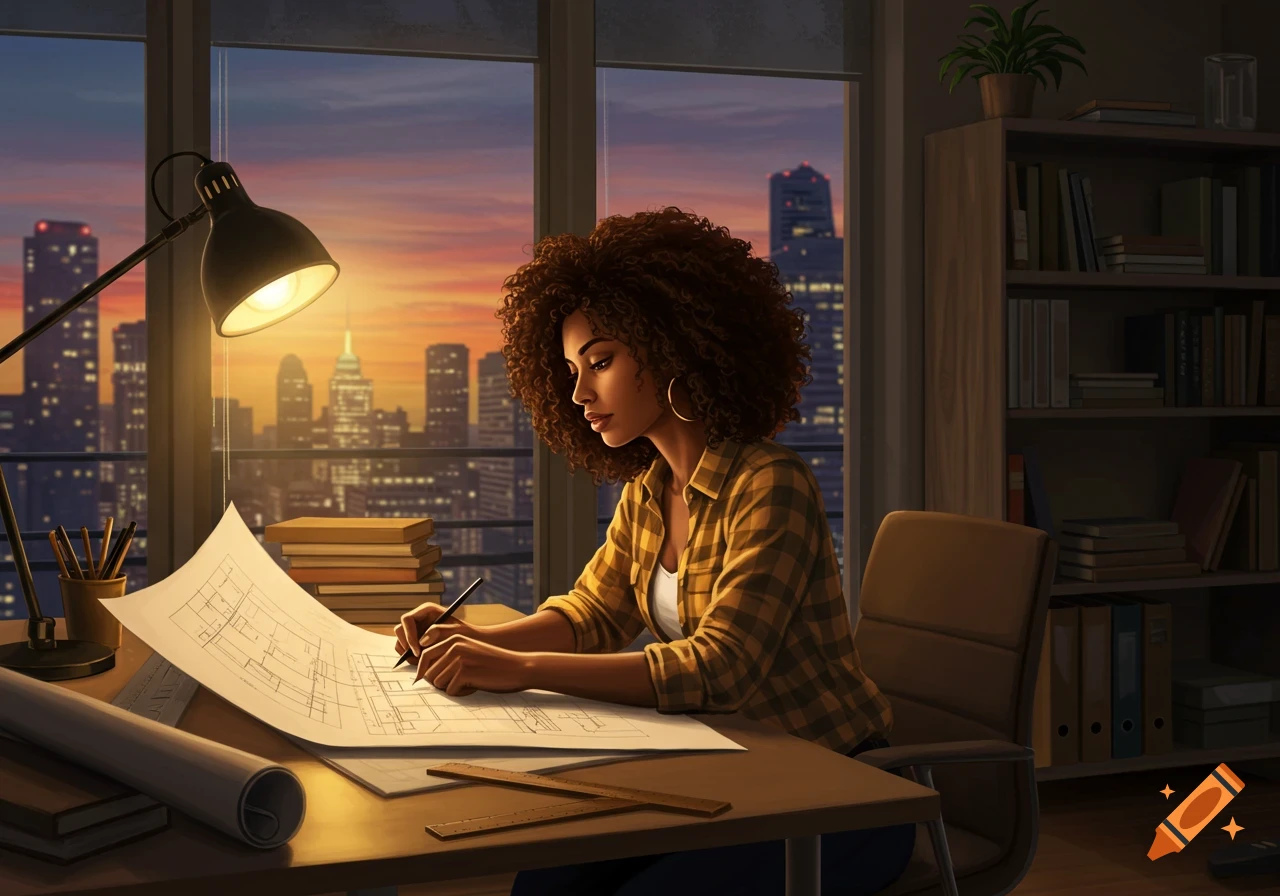 A beautiful Black woman architect drawing blueprints at her desk in an office overlooking a city at sunset.