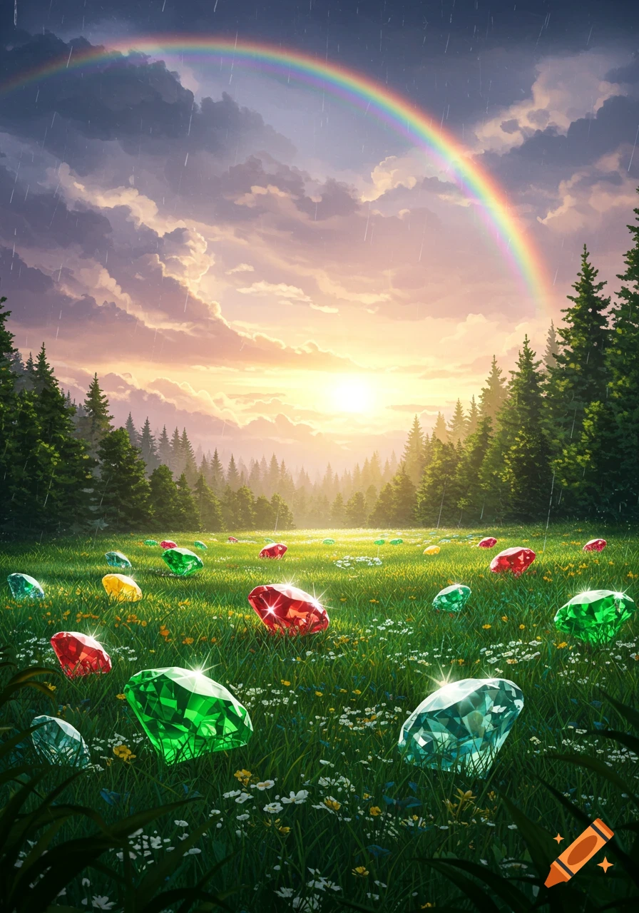 A vibrant fantasy landscape featuring a rainbow over a forest and a field full of sparkling red, green, and yellow gemstones under a sunset sky.