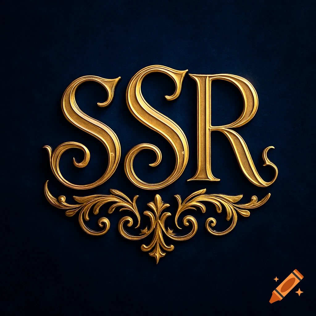 Golden ornate letters SSR with filigree on a dark blue background.