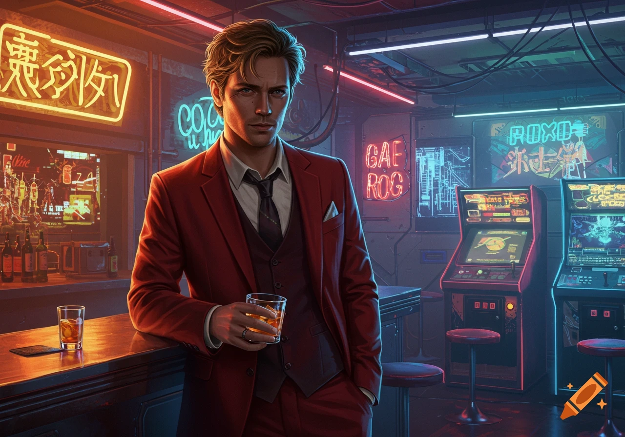 A man in a red suit stands at a bar in a cyberpunk setting, holding a glass of whiskey, with neon signs and arcade machines in the background.