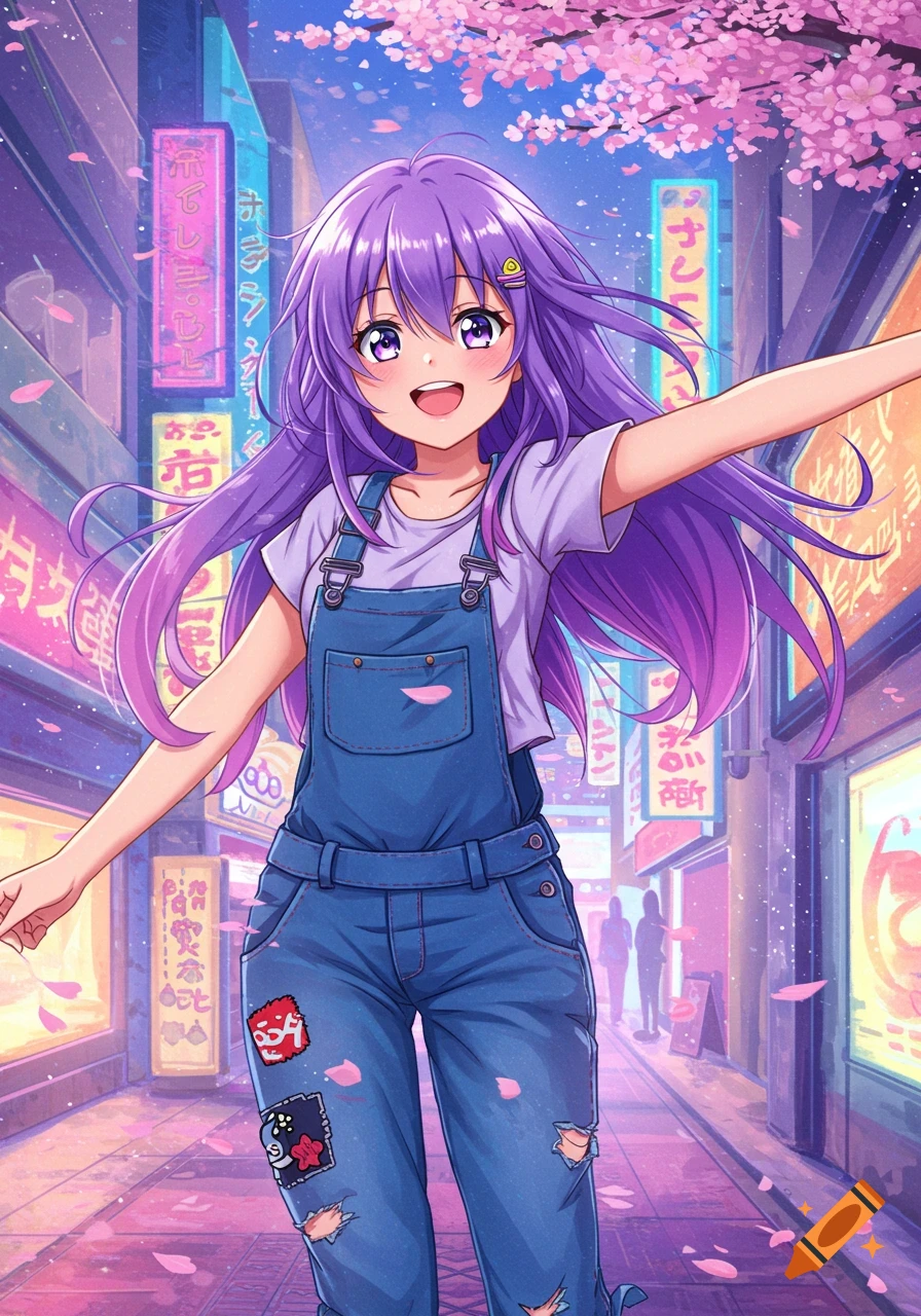 Anime girl with purple hair and overalls walking on a cherry blossom-filled street at dusk, with neon signs in the background.