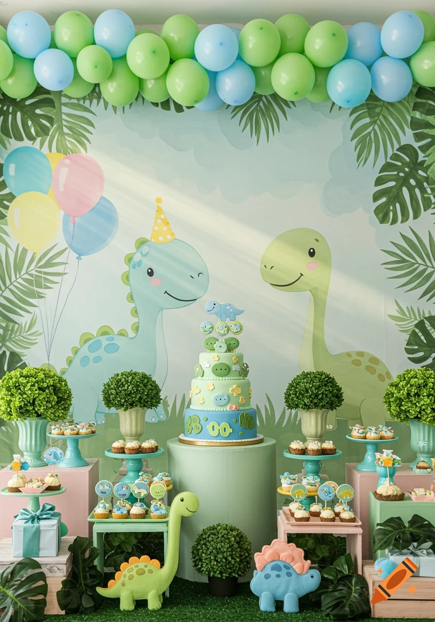 A pastel-themed dinosaur birthday party setup with a multi-tiered cake, balloons, treats, and cute dinosaur decorations against a jungle backdrop.