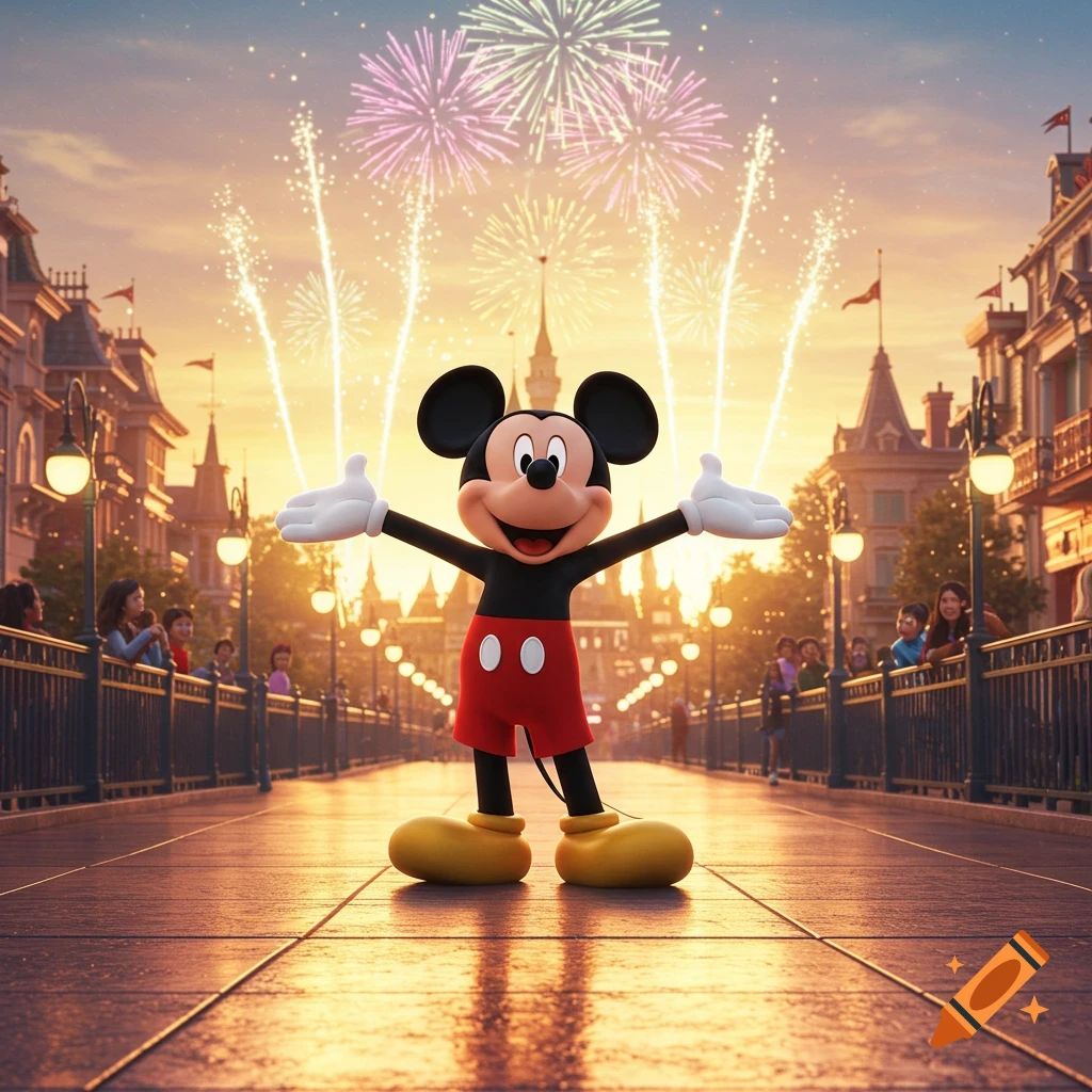 Mickey Mouse stands with open arms on a theme park bridge during a fireworks display at sunset.