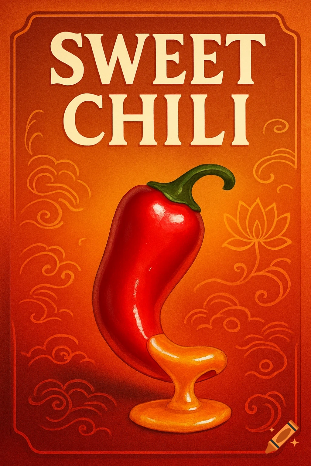 An illustrated sweet chili label with a red chili pepper dripping golden sauce on an orange background with swirls and a lotus flower.