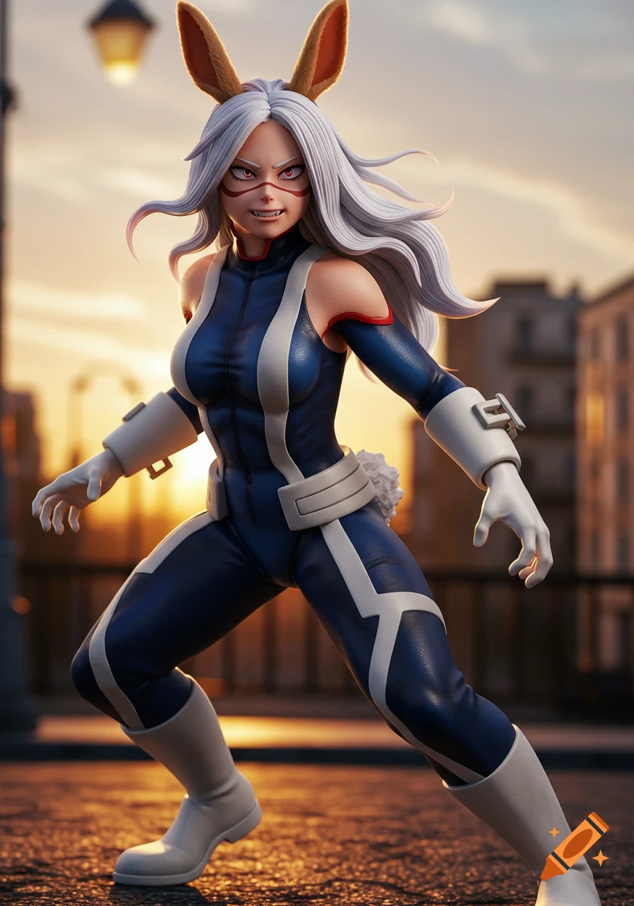 A detailed render of Mirko, a white-haired superhero with bunny ears in a blue and white suit, posing dynamically in an urban setting at sunset.