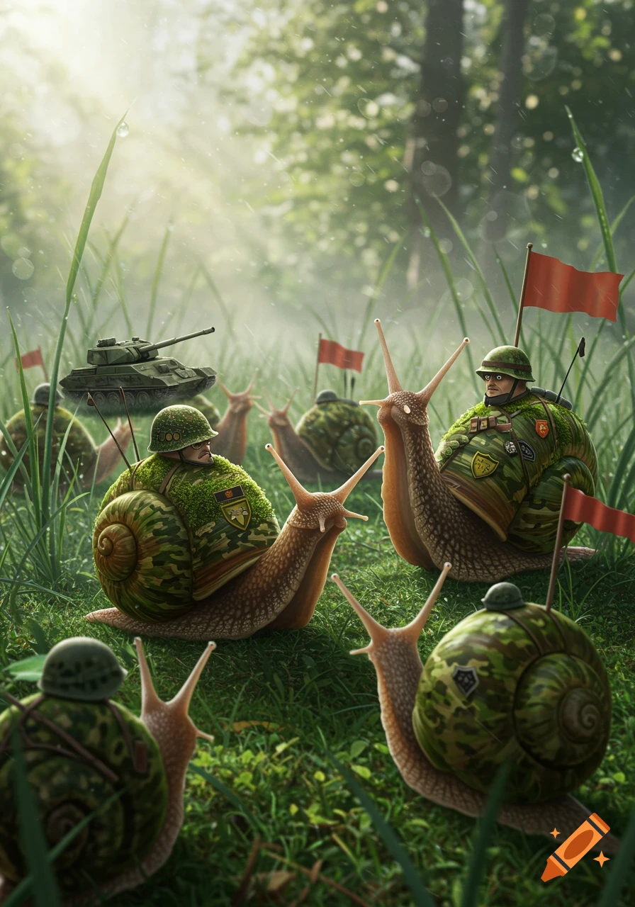 A whimsical image of an army of snails wearing military camouflage uniforms and helmets, with a toy tank in a lush green forest.