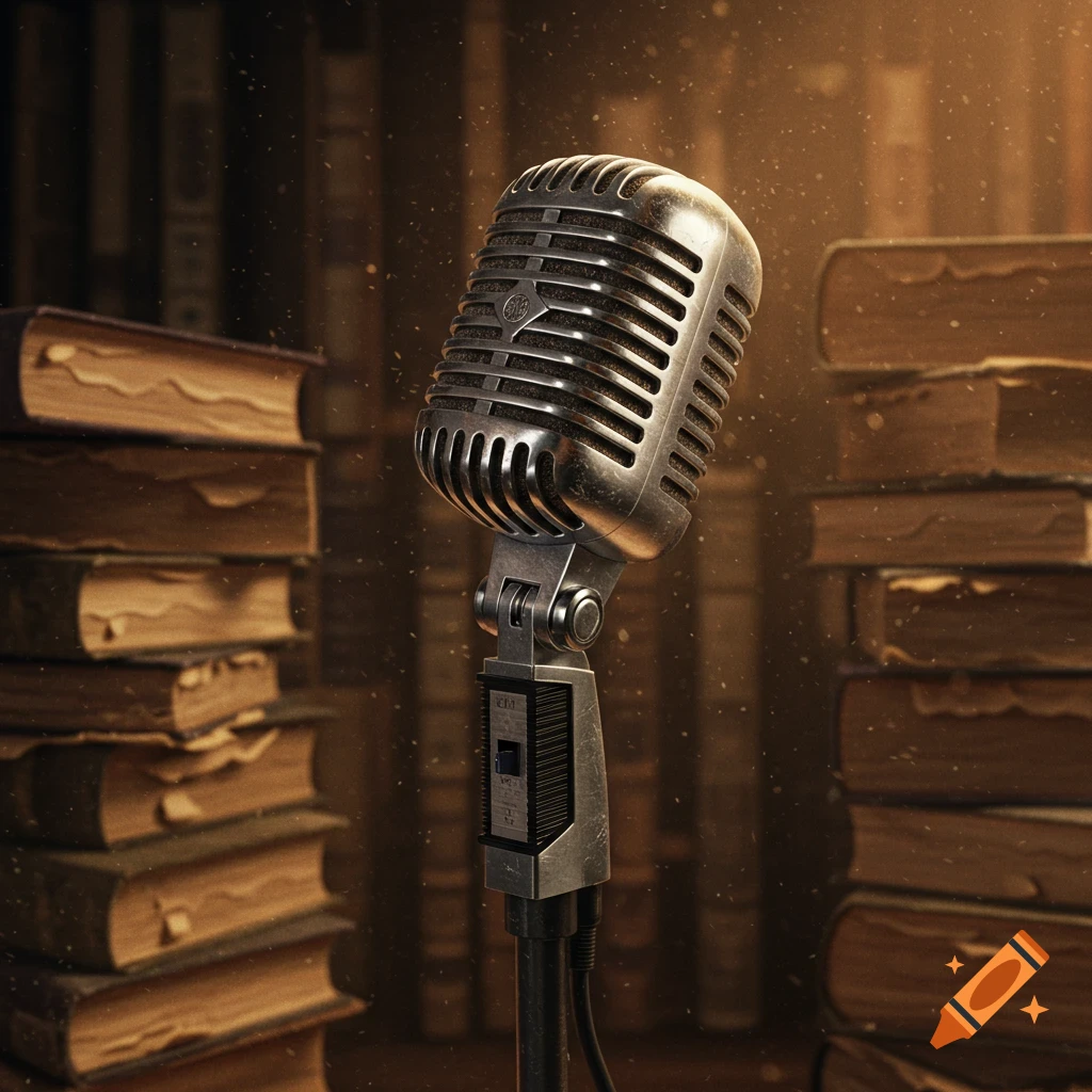 A vintage silver microphone stands prominently in front of a blurred background of stacked, old, dusty books in a moody, dimly lit setting.