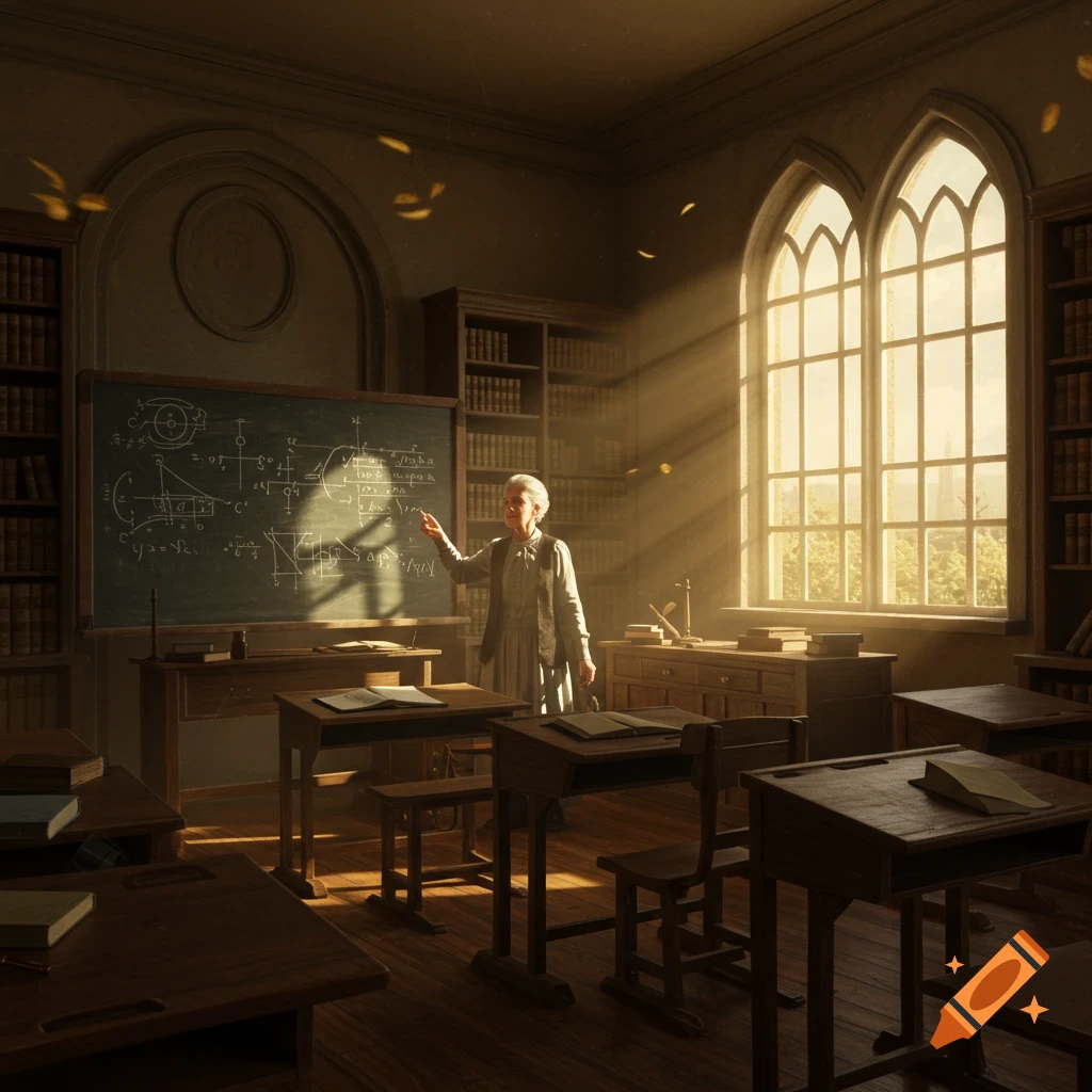 An elderly female teacher points at equations on a blackboard in a sunlit, vintage classroom with wooden desks.