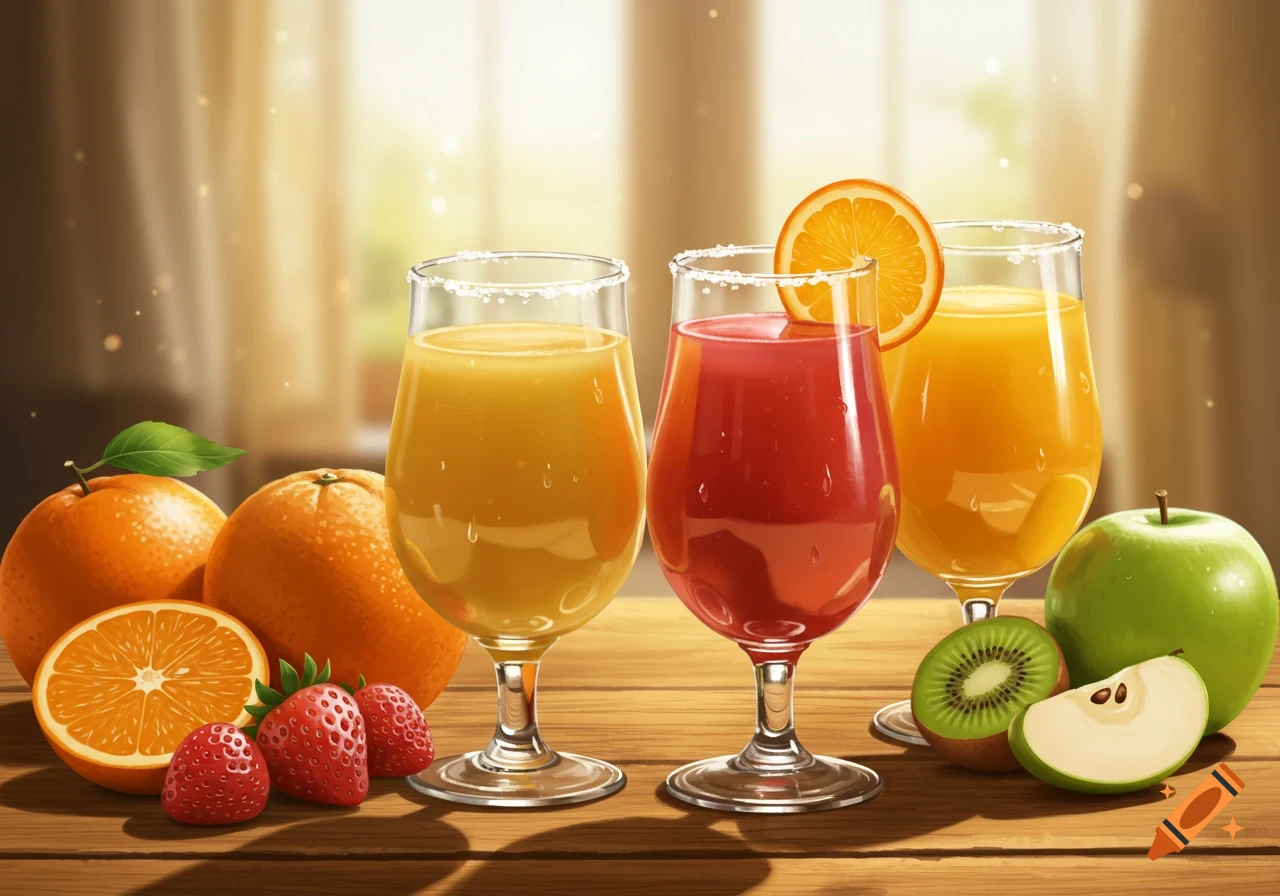 Three glasses of juice with oranges, strawberries, apple, and kiwi on a wooden table, photorealistic style.