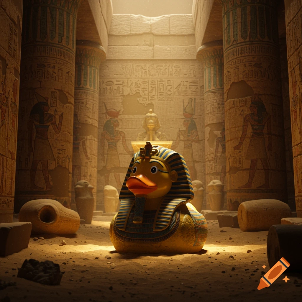 A rubber ducky wearing a pharaoh's headdress sits on sand in a dimly lit ancient Egyptian temple with hieroglyph-covered pillars.