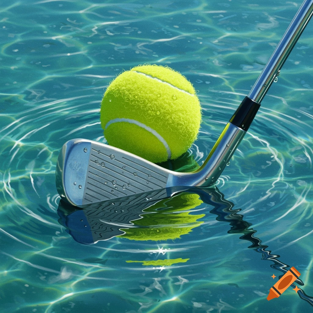 A bright yellow tennis ball and a golf club partially submerged in clear blue water with ripples and reflections.