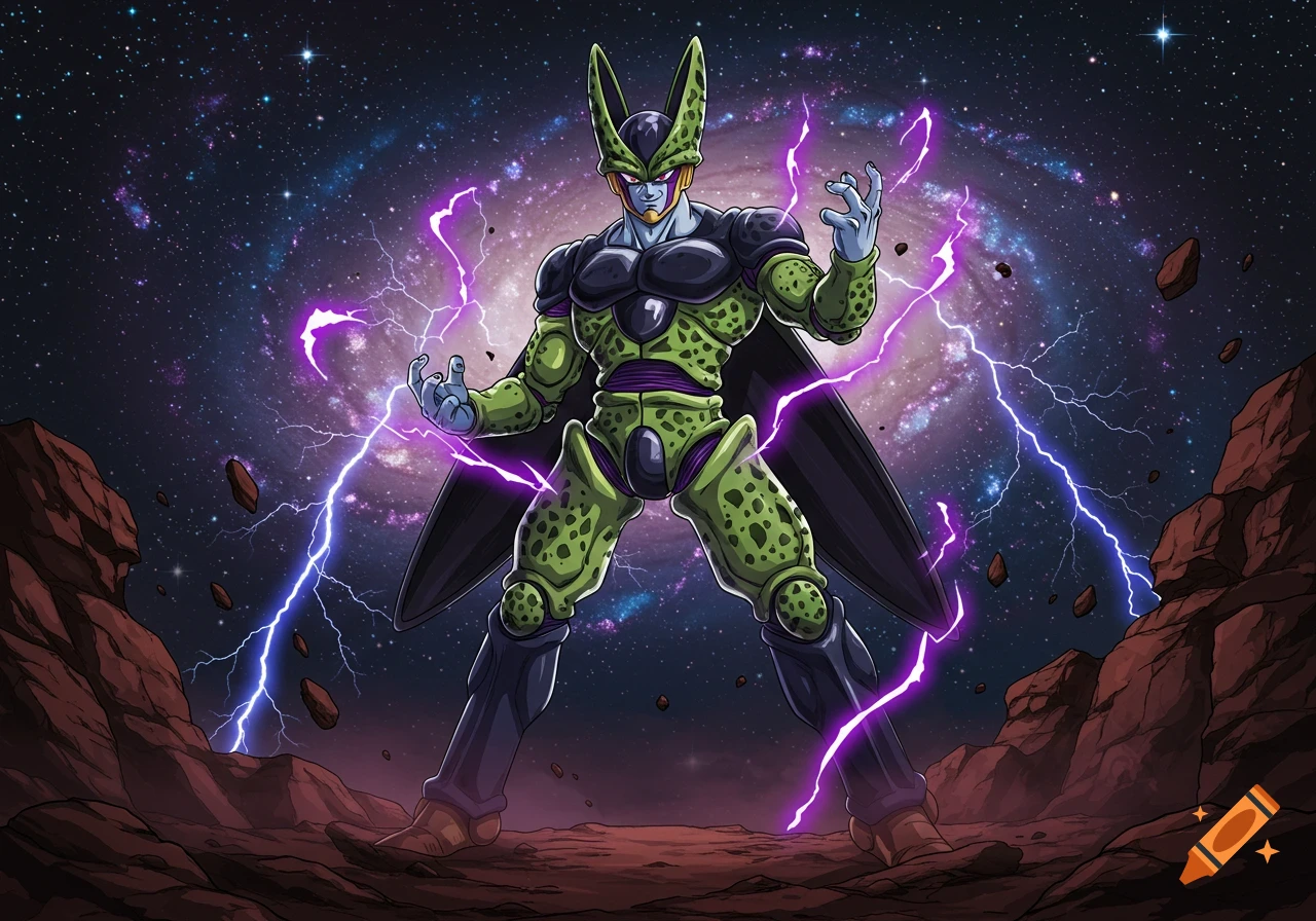 Cell from Dragon Ball Z stands on a rocky planet, surrounded by purple lightning and a cosmic galaxy.