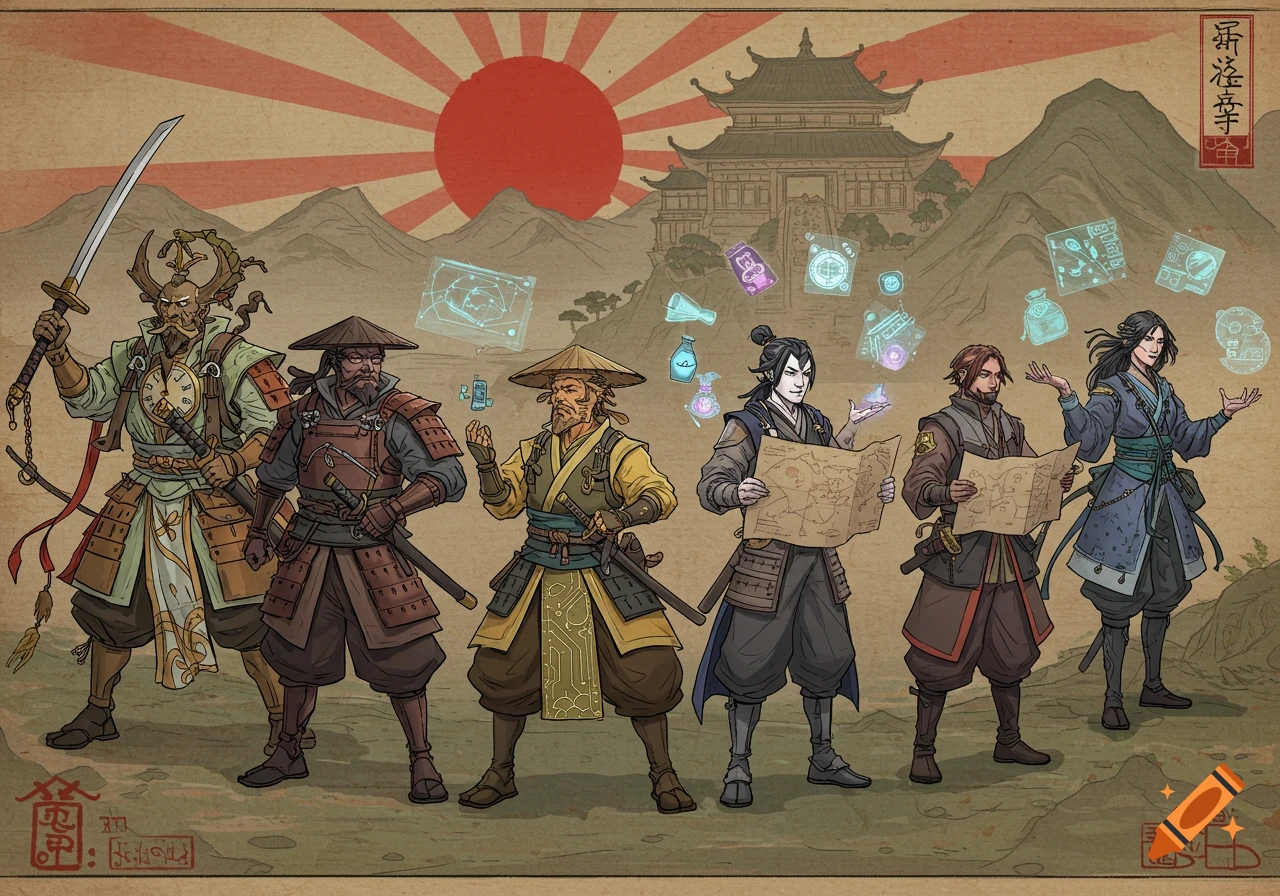 A Japanese scroll-style illustration of six diverse warriors, some holding maps and glowing tech, against a backdrop of mountains, a temple, and a red sun.