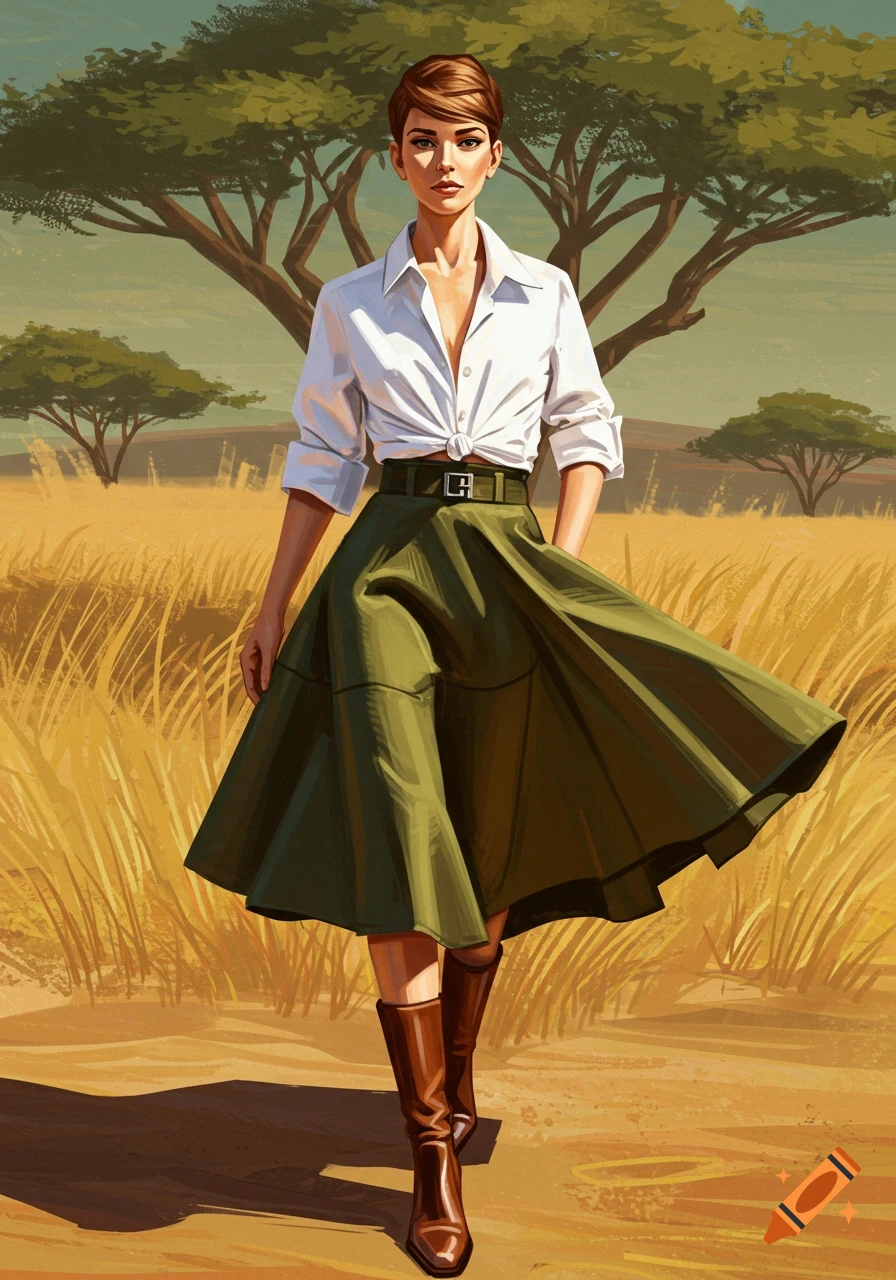 Illustration of a woman in safari-inspired fashion, wearing a white shirt, green skirt, and brown boots, standing in a savanna.