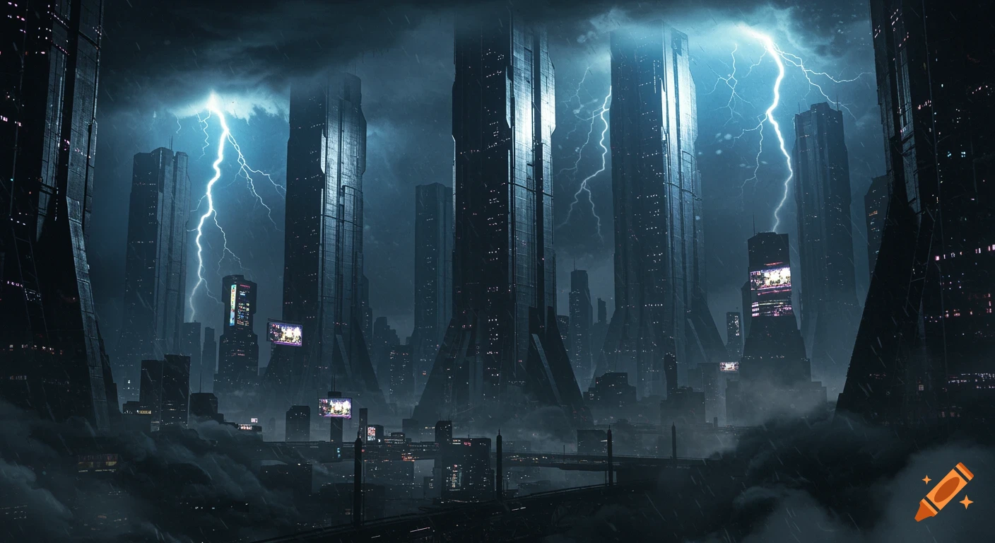 A dark, ominous futuristic cityscape under a stormy sky with bright lightning strikes illuminating towering skyscrapers.