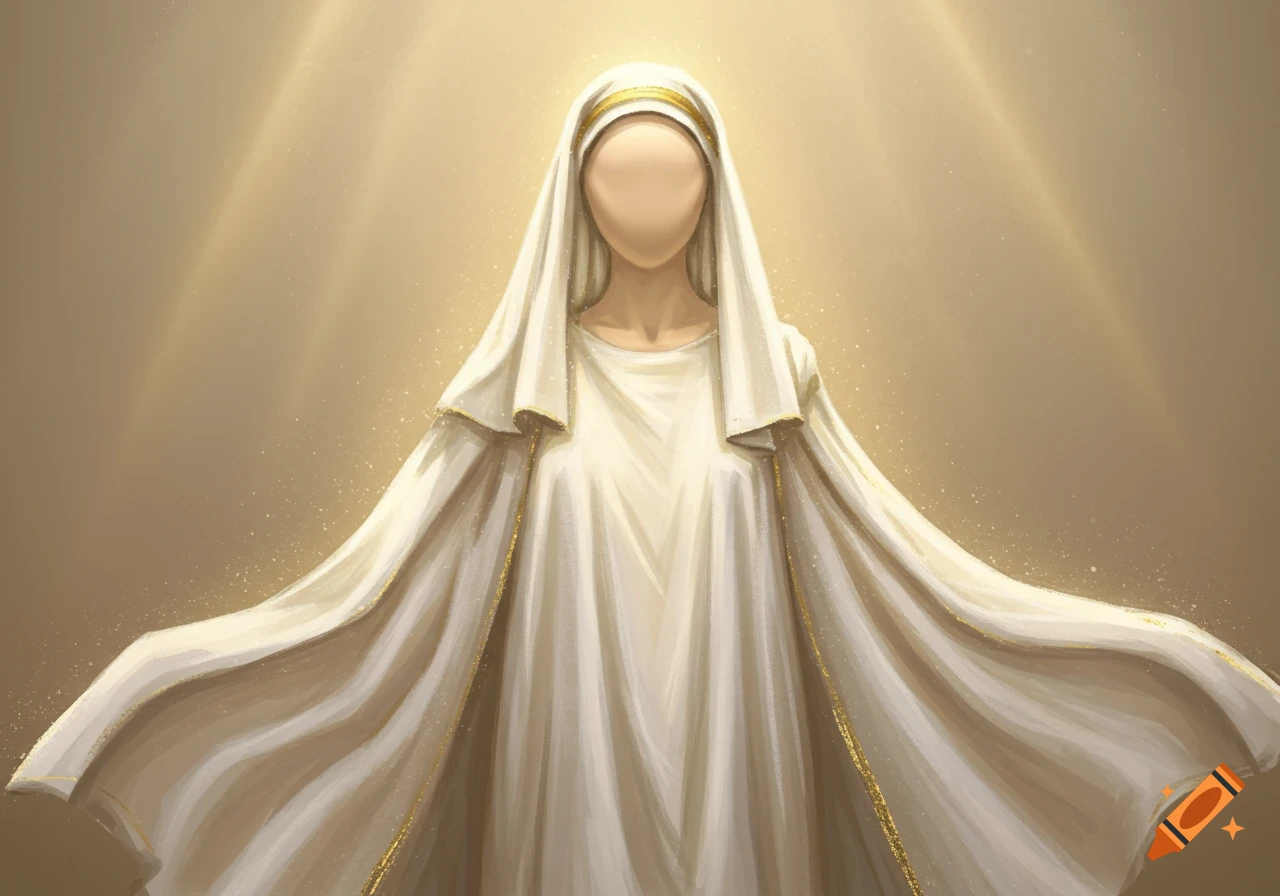 A faceless woman in flowing white robes with golden trim, standing under ethereal golden light with arms outstretched.