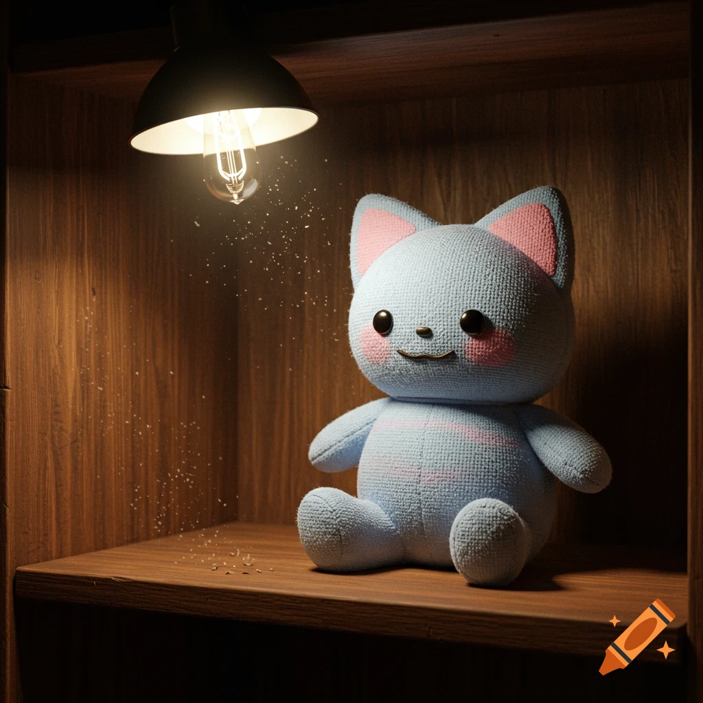 A photorealistic light blue cat plushie with pink cheeks sitting on a wooden shelf under a bright lamp.