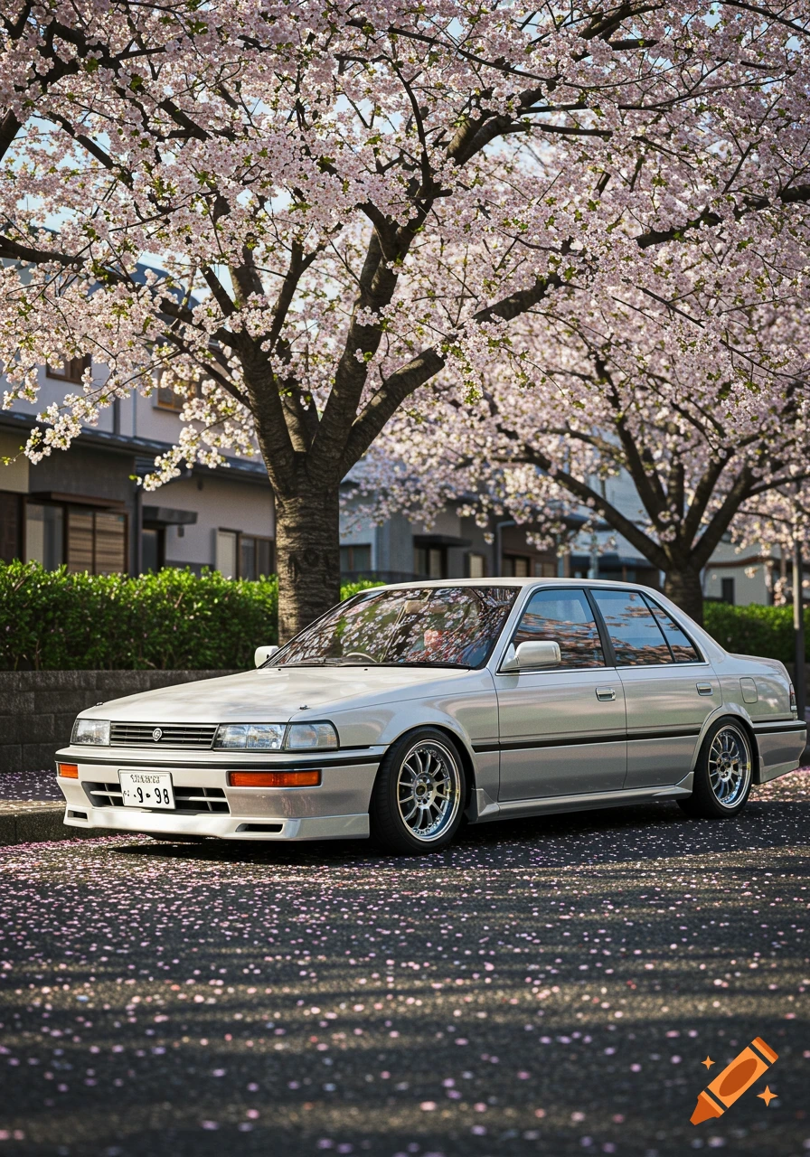 Photorealistic image of a silver 90s Japanese saloon car parked on a street under blooming pink cherry blossom trees, with petals on the ground.