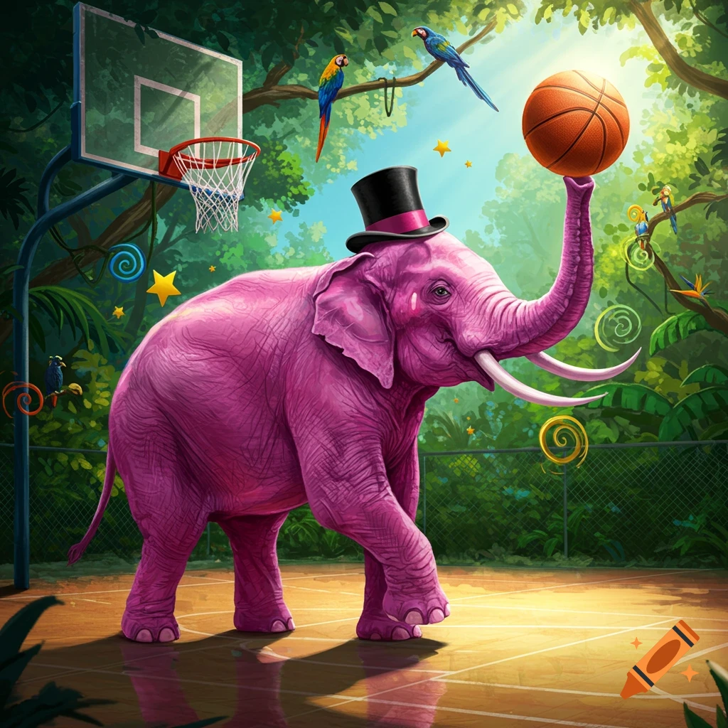 A whimsical pink elephant wearing a top hat balances a basketball on its trunk on a jungle basketball court, surrounded by parrots and stars.