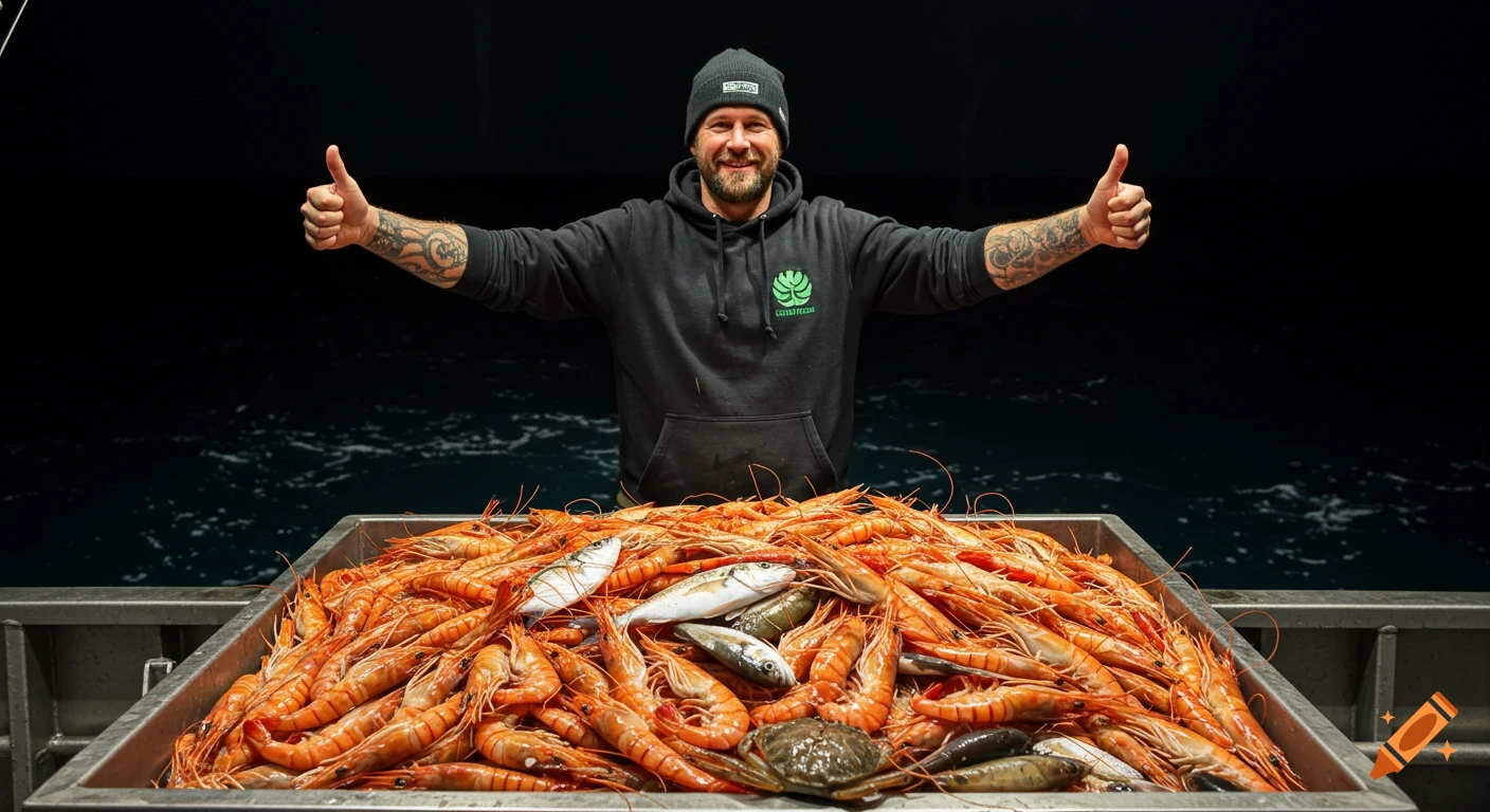 A smiling fisherman stands behind a large bin of king prawns and fish on a boat at night, giving two thumbs-up.