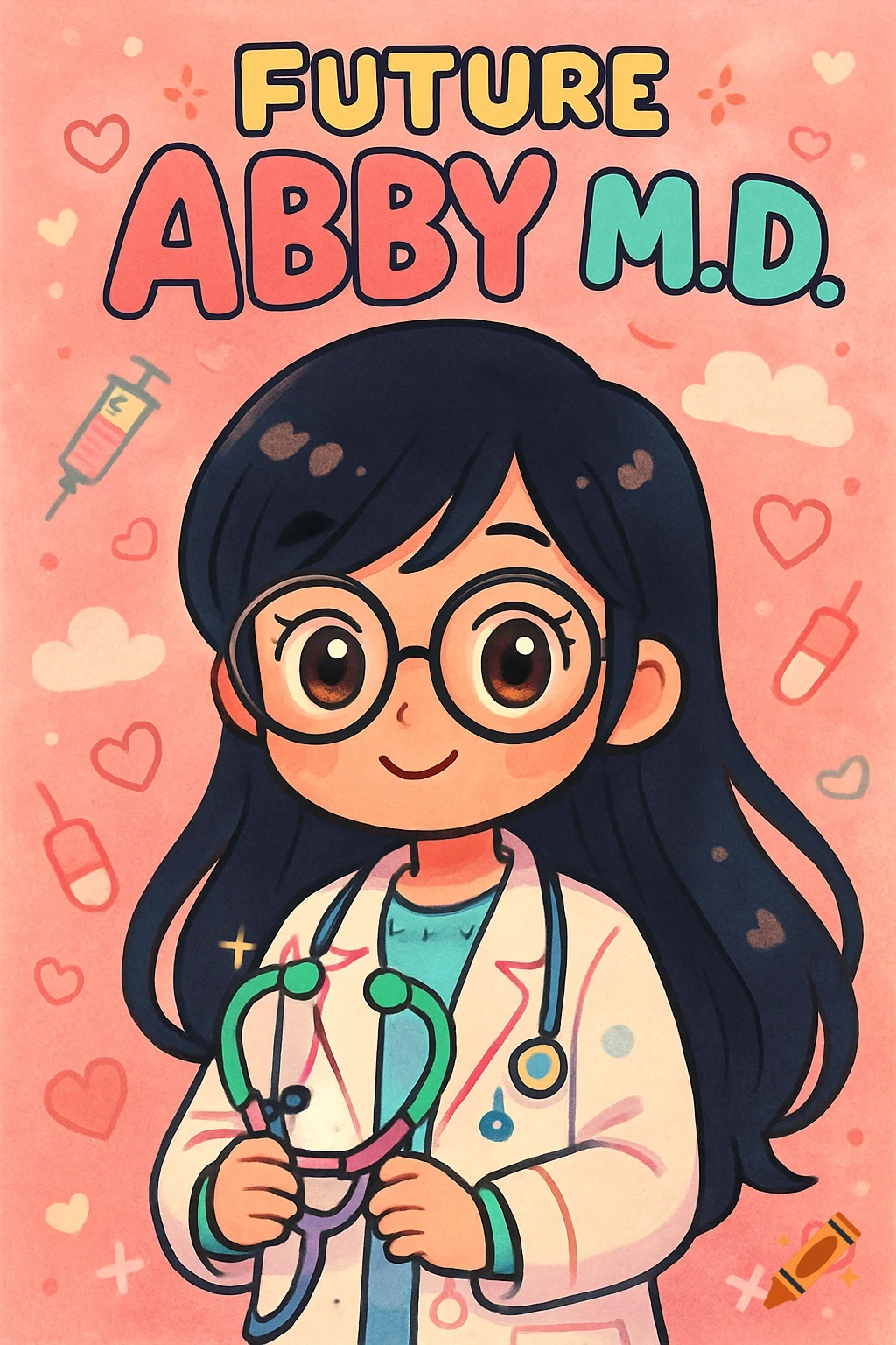A cartoon poster in kawaii style showing a cute girl doctor with glasses and black hair, holding a stethoscope, with the text 'FUTURE ABBY M.D.' above her.