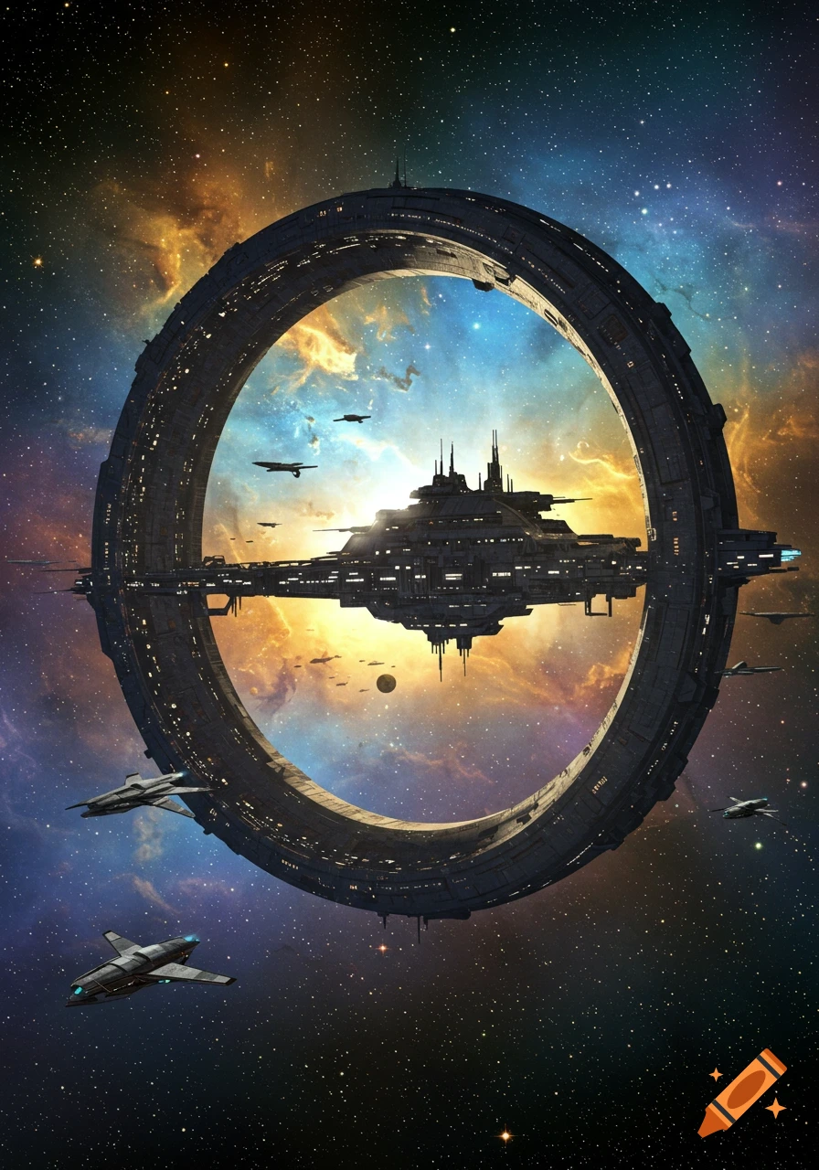 A futuristic, circular space station with a large central vessel and smaller ships in a vibrant, star-filled nebula.